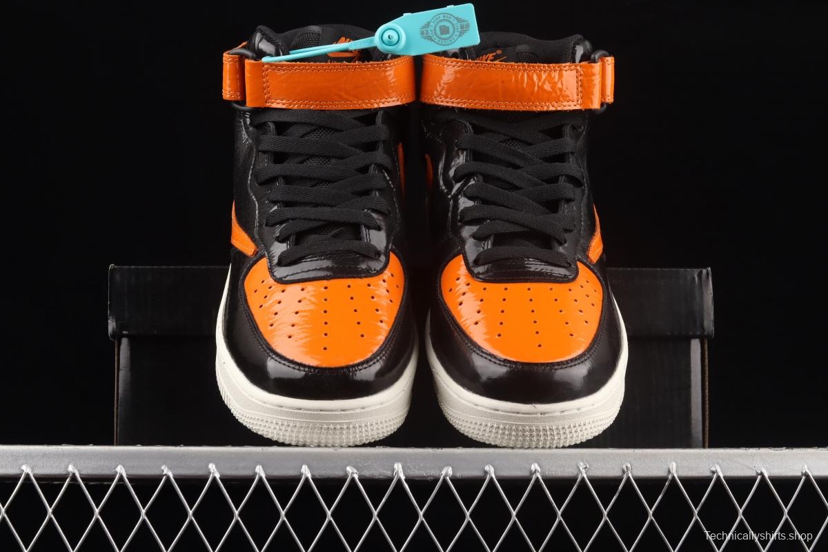 NIKE Air Force 1o07 Mid lacquered leather black orange color counterhook Zhongbang casual board shoes 804609-188