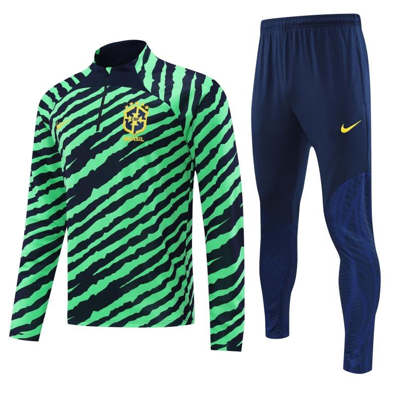 2022 Brazil Green Stripe Half Zipper Tracksuit