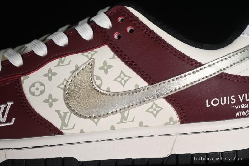 Louis Vuitton x Nike Dunk Low Customized Sneakers - Burgundy with Silver Swoosh SB Low Top Casual Skate Shoes - FC1688-188