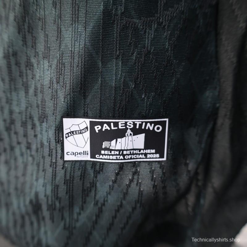 Player Version 25/26 CD Palestino Away Black Jersey with Red-Green Stripes and Bank of Palestine Sponsor