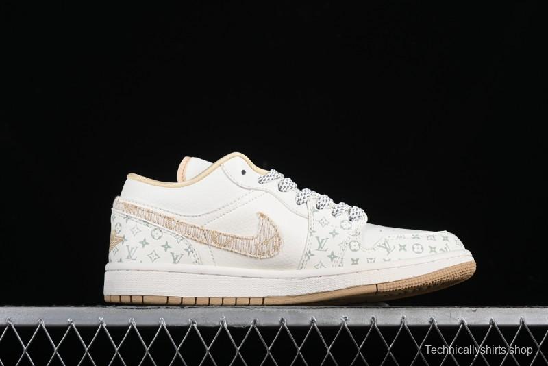 Nike Air Jordan 1 Low AJ1 Louis Vuitton Print Khaki Custom High-End Low-Top Basketball Shoes - SJ9950-004