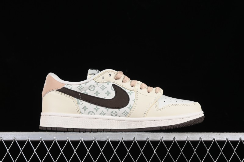 Nike Travis Scott x Fragment Design x Jordan Air Jordan 1 Low OG SP AJ1 LV Beige Brown Print Casual Sneakers - LJ5188-006
