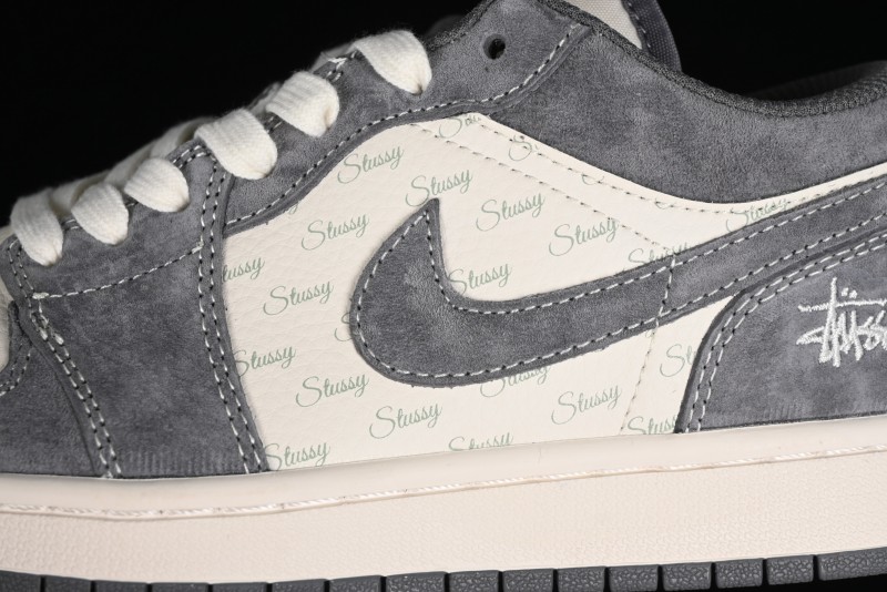 Nike Air Jordan 1 Low AJ1 Stussy Collaboration - Grey Pigskin Custom Low-Top Basketball Shoes - SJ9950-010