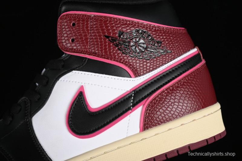 Nike Air Jordan 1 Mid AJ1 Snake Print Black Red Toe Mid-Top Basketball Shoes - FQ7818-101