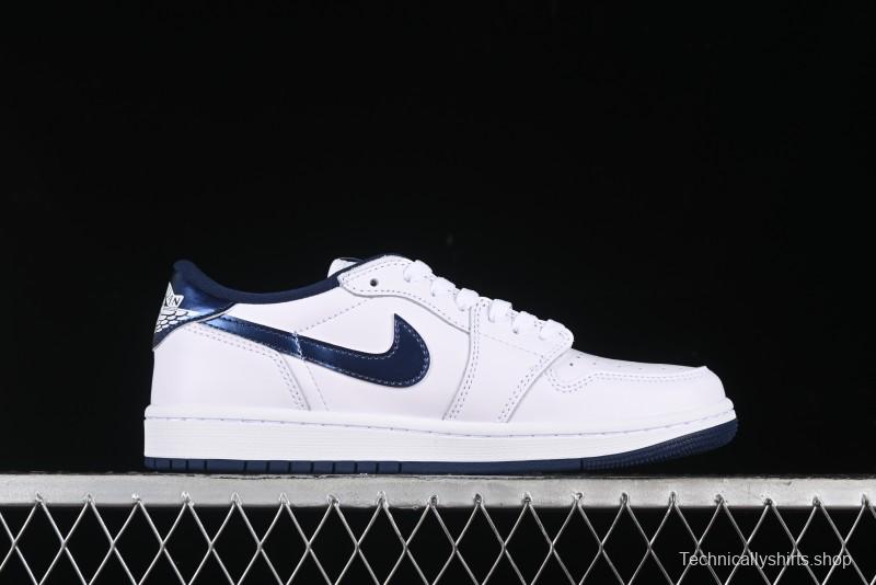 Nike Air Jordan 1 Low 85 Retro Sneakers in White with Metallic Blue Swoosh - FB9933-141