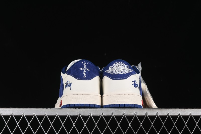 Nike Travis Scott x Fragment Design x Air Jordan 1 Low OG SP AJ1 Supreme Stussy Collaboration - Suede Blue Swoosh Low-Top Casual Sneakers - SJ2068-127