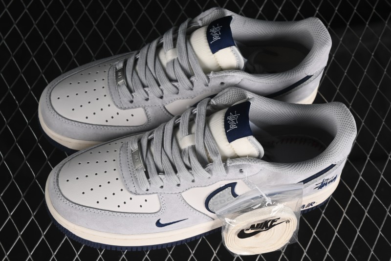 Nike Air Force 1 '07 Low Stussy Collaboration - Grey Pigskin Blue Sole Low-Top Casual Sneakers - XZ3318-028