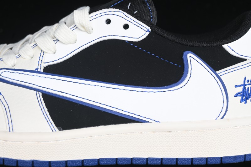 Nike Travis Scott x Fragment Design x Air Jordan 1 Low OG SP AJ1 Stussy Collaboration - Black Blue Line Low Top Casual Sneakers - SJ2068-113