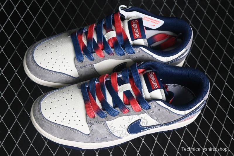 Nike SB Dunk Low Supreme Collaboration - Grey White Dark Blue Swoosh Anniversary High-End Custom Low-Top Casual Skate Shoes - DM6868-005