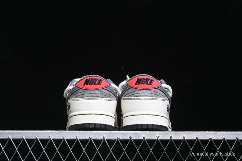 Nike SB Dunk Low Stussy Collaboration - Lace-Up Grey White Grey Check Anniversary High-End Custom Low-Top Casual Skate Shoes - YX5066-207