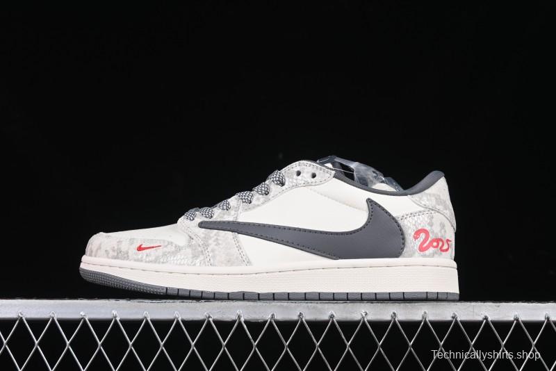 Nike Travis Scott x Fragment Design x Air Jordan 1 Low OG SP AJ1 Snake Year Limited Grey Snake Scale with Grey Swoosh Low-top Casual Sneakers - XS3086-009