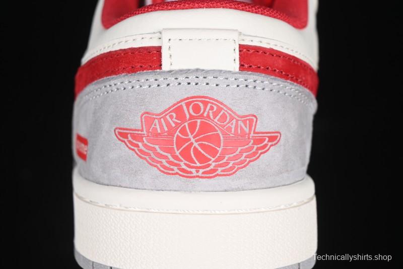 Nike Air Jordan 1 Low AJ1 Supreme Collaboration - White Grey Red Swoosh Retro Basketball Shoes - SJ9950-024