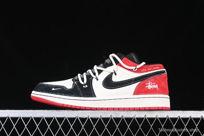Nike Air Jordan 1 Low Stussy Collaboration - Black Red Custom High-End Retro Basketball Shoes - SJ9950-048