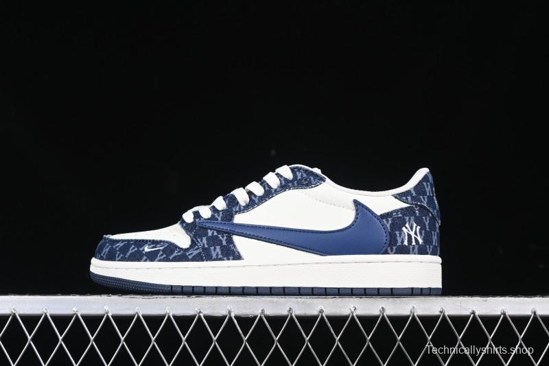 Nike Travis Scott x Fragment Design x Air Jordan 1 Low OG SP AJ1 MLB Collaboration White Blue Denim Low-top Casual Sneakers - DM7866-051