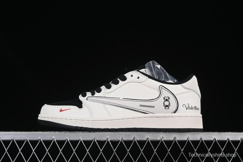 Nike Travis Scott x Fragment Design x Air Jordan 1 Low OG SP Cartoon Beige Black Low-top Casual Sneakers - XS7089-526