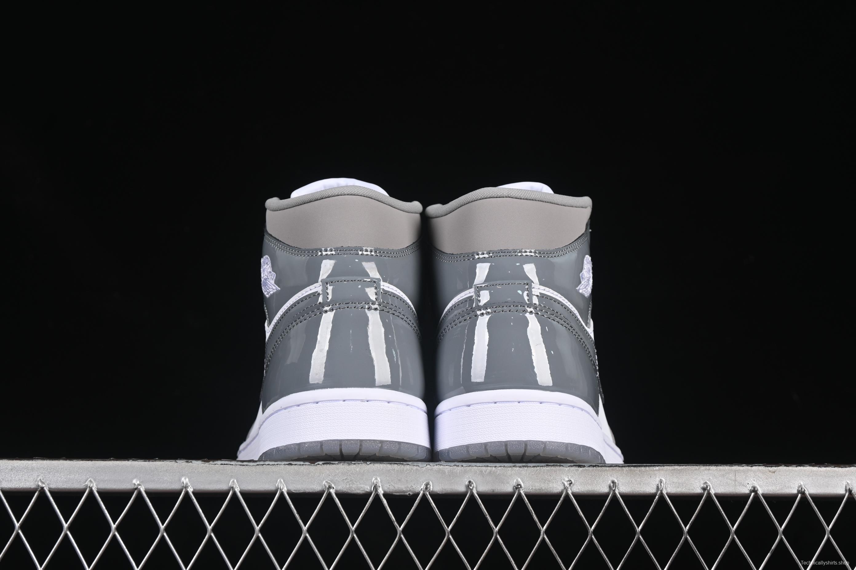 Nike Air Jordan 1 Mid Basketball Shoes in White Grey Patent Leather - HF3216-100