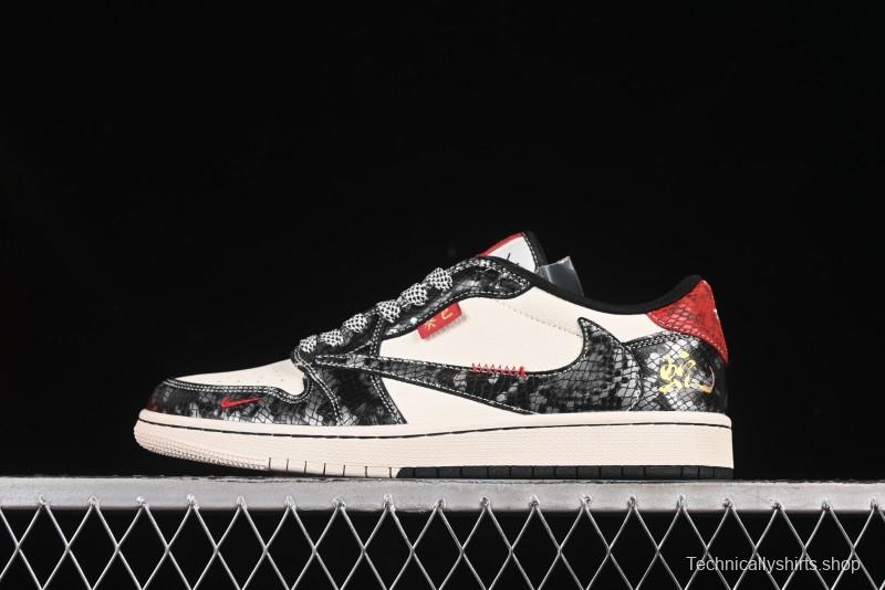 Nike Travis Scott x Fragment Design x Air Jordan 1 Low OG SP AJ1 Snake Year Limited Two-Tone Gloss Black Low-Top Casual Sneakers - YX5066-307