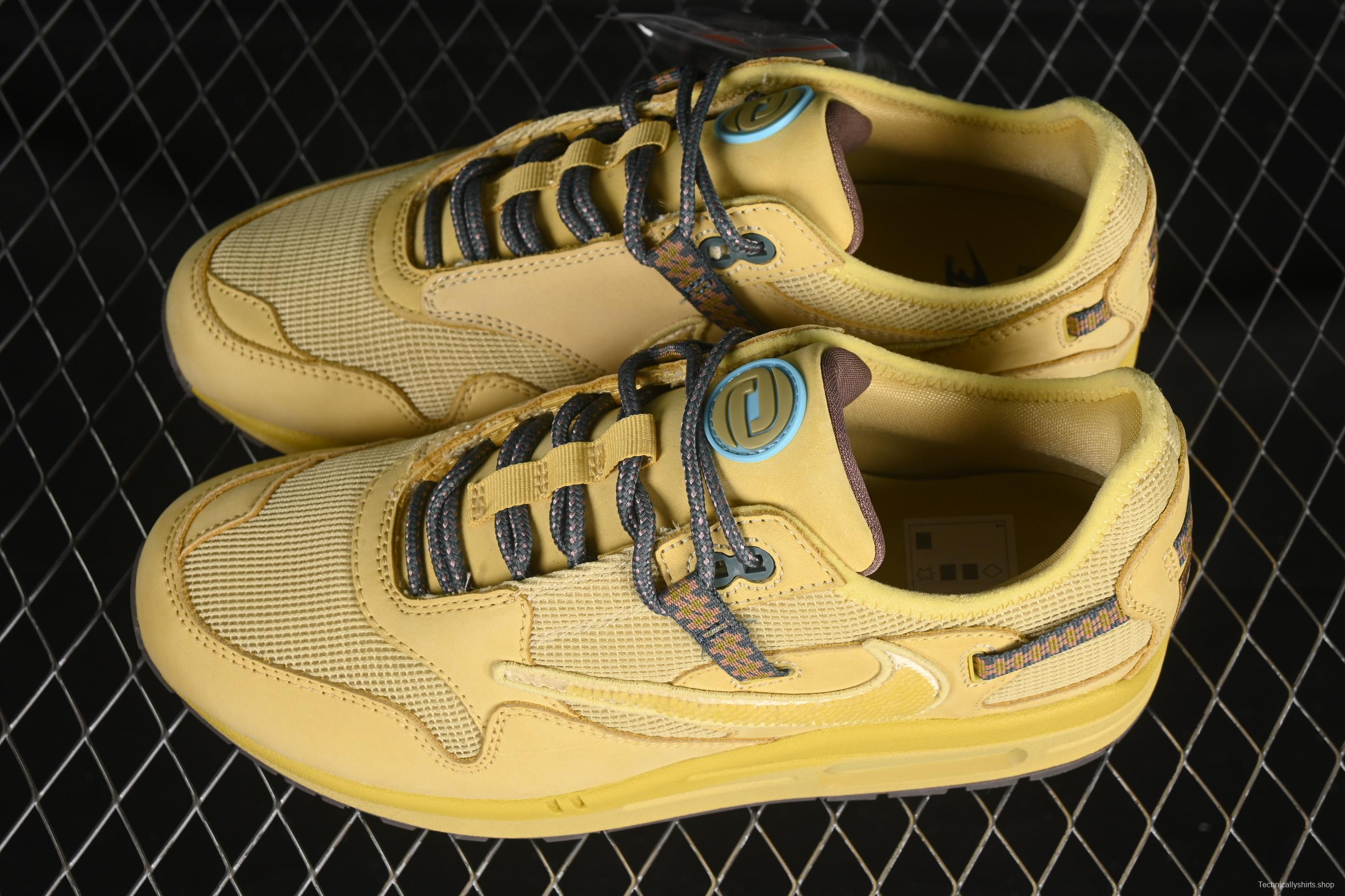Nike Air Max 1 Travis Scott Collaboration Retro Running Shoes in Wheat Color with Reverse Swoosh - DO9392-700