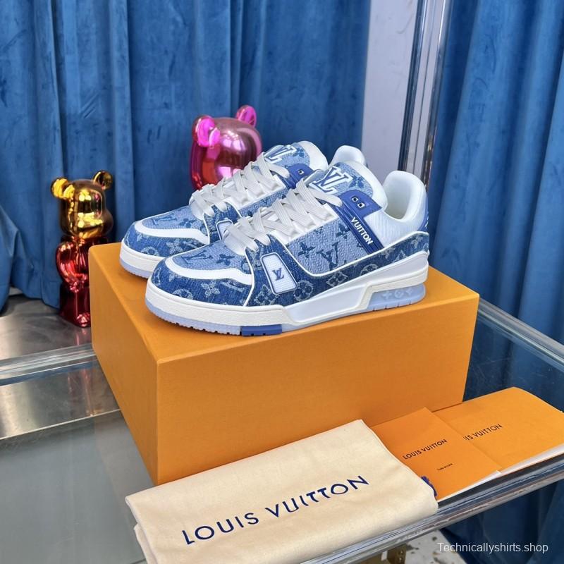 2025 Men Louis Vuitton Blue White Denim Leather LV Trainer