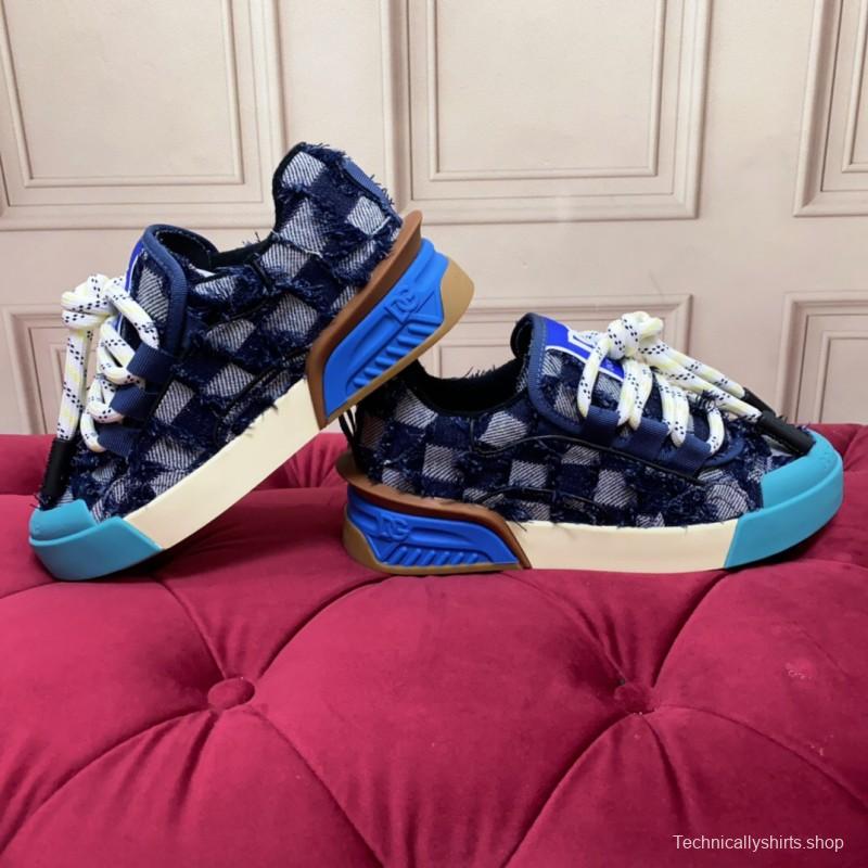 2025 Unisex Dolce & Gabbana Blue White Brown Denim Leather Sneakers