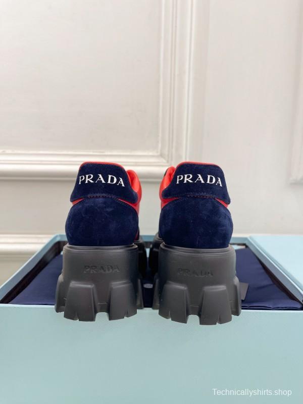 2025 Unisex Prada Red Navy Suede Silk Sneakers KFY00310(F)/KFY00330(M)