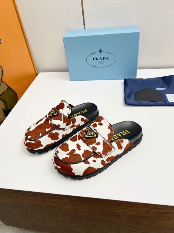 2025 Women Prada Brown White Cowhair Leather Slippers LY00270