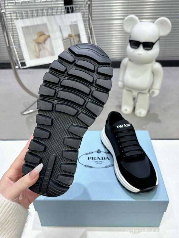 2025 Women Prada Black Leather Mesh Sneakers KFY00310