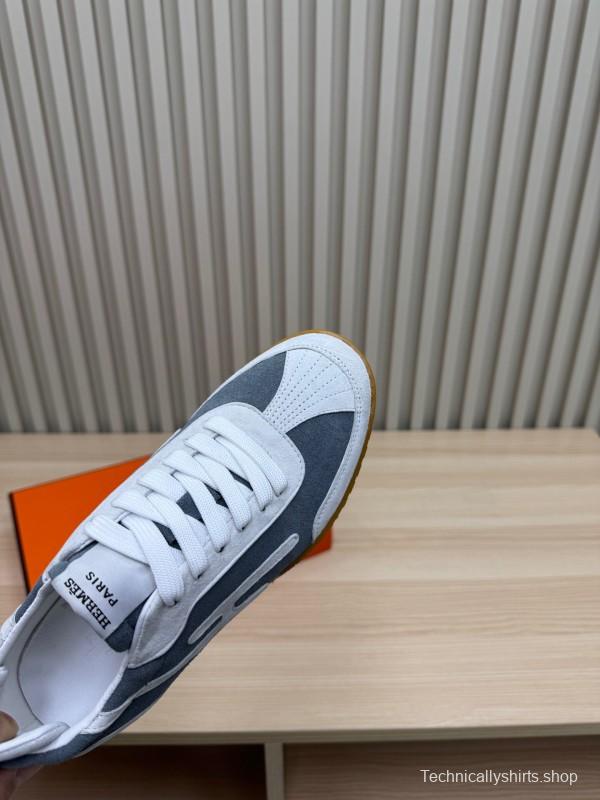 2025 Unisex Hermès White Grey Suede Canvas Sneakers KFY00300