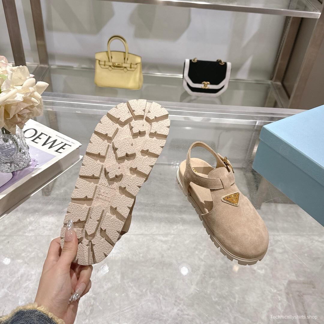 2025 Women Prada Beige Suede Slingback Flat LY00270