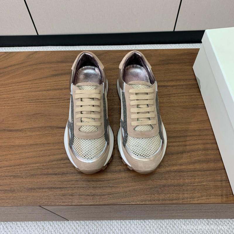 2025 Unisex Brunello Cucinelli Beige Black Mesh Suede Sneakers