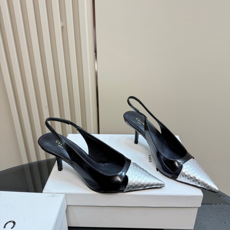 2025 Women CELINE Black White Leather Slingback Heels KFY00310