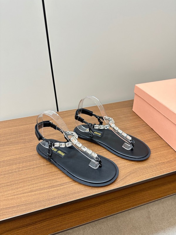 2025 Women Miu Miu Black Leather Rhinestone Sandals LY