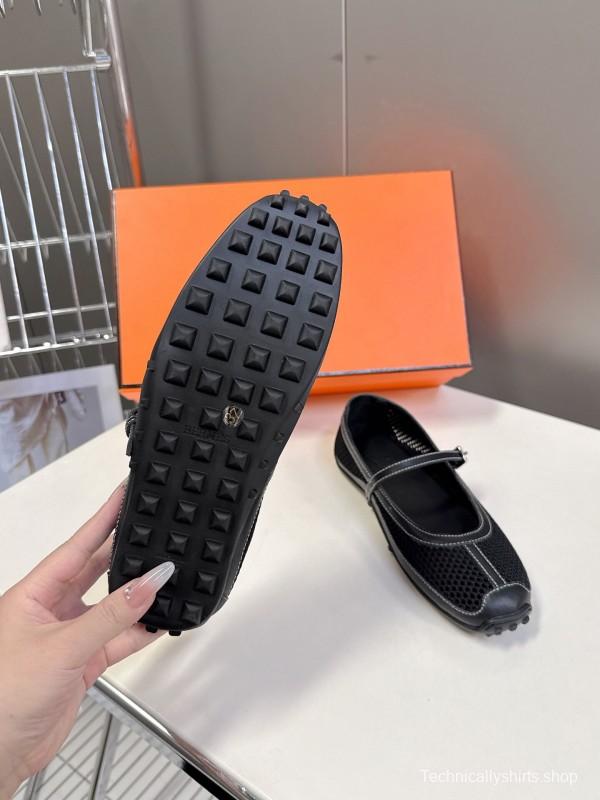 2025 Women Hermès Black Mesh Leather Mary Jane Shoes