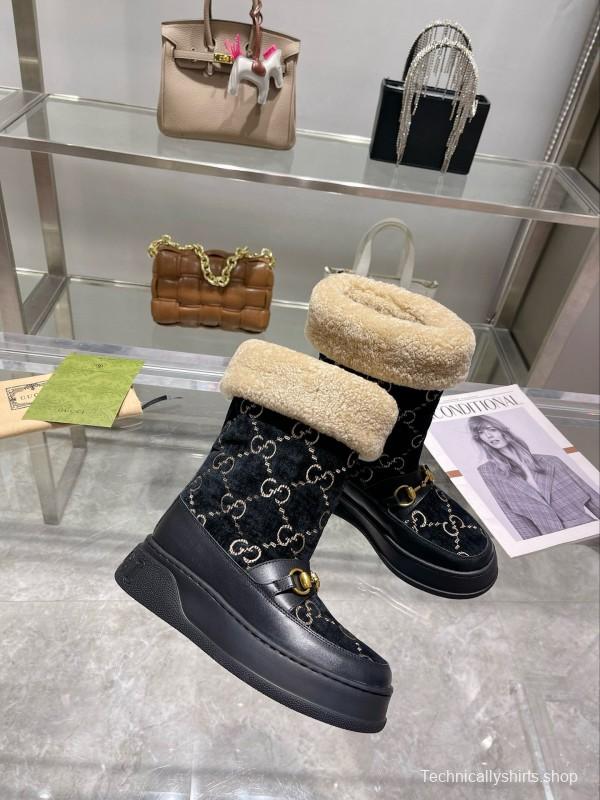 2024 Women Gucci Black Shearling Leather Snow Boots MJ00420
