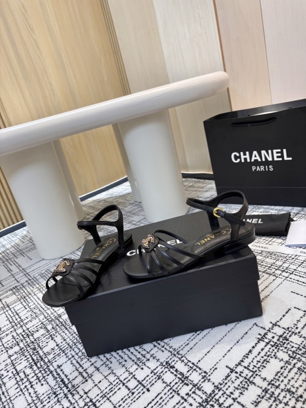 2025 Women Chanel Black Leather Sandals LY00270