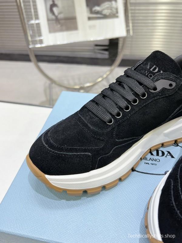 2025 Unisex Prada Black Suede Leather Sneakers KFY00310