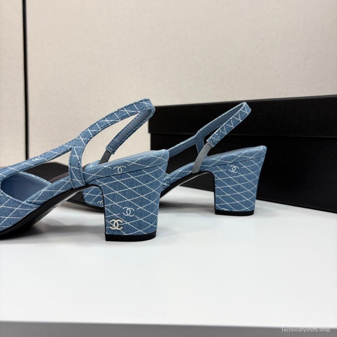 2025 Women Chanel Blue Grey Denim Leather Slingback Shoes