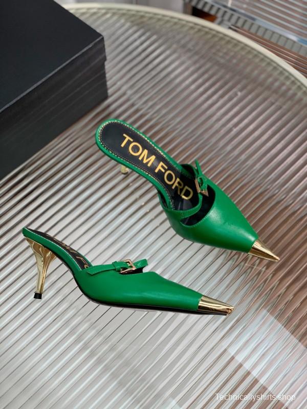 2025 Women TOM FORD Green Gold Leather Pointed Toe Mules KFY00300