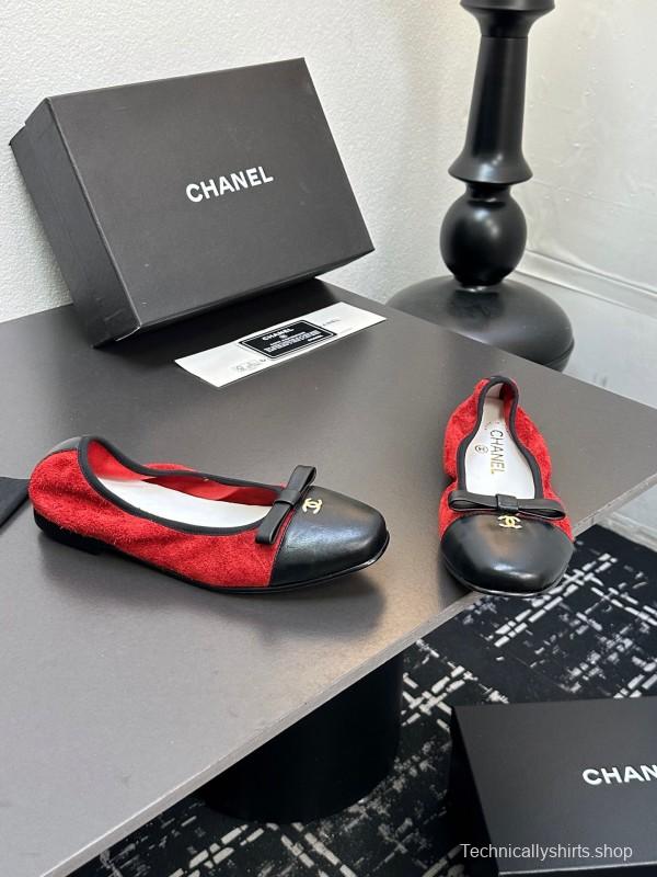 2025 Women CHANEL Red And Black Lambskin Ballet Flats Classic Bow Detail CC Logo LY00360(F)