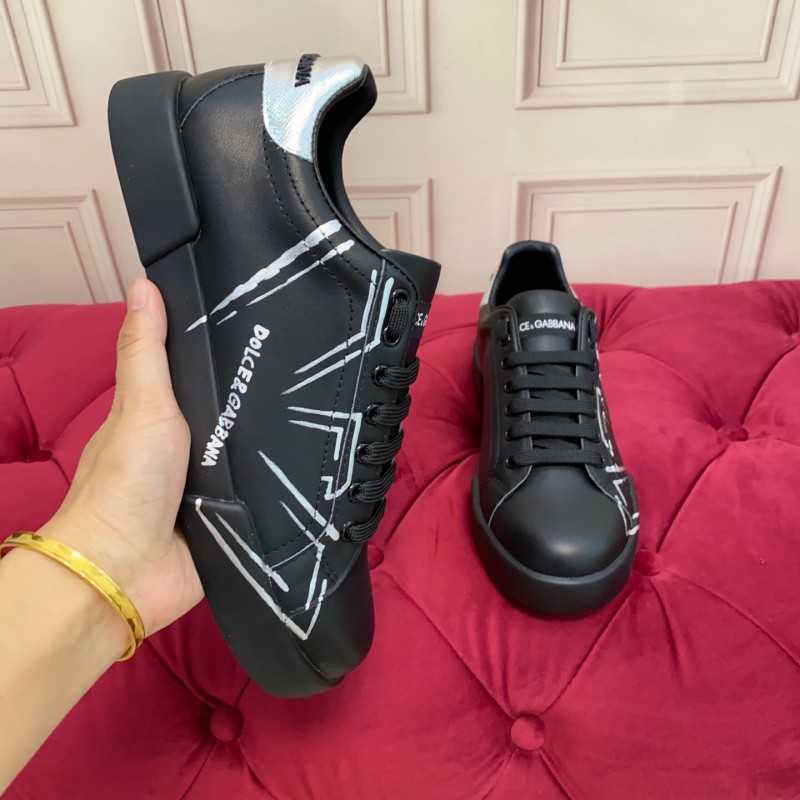 2025 Men Dolce & Gabbana Black Silver Leather Sneakers