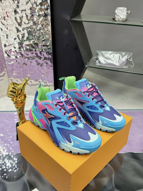 2025 Men Louis Vuitton Blue Pink Green Mesh Leather Sneakers MJ00420