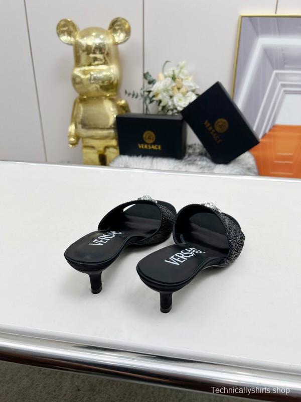 2025 Women VERSACE Black Silk Rhinestone Square Toe Sandals MJ00230