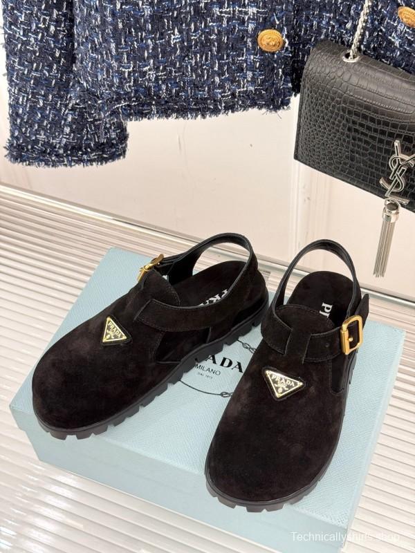 2025 Women Prada Black Suede Sandals