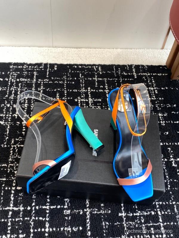 2025 Women Yves Saint Laurent Blue Orange Pink Leather Suede High Heel Sandals