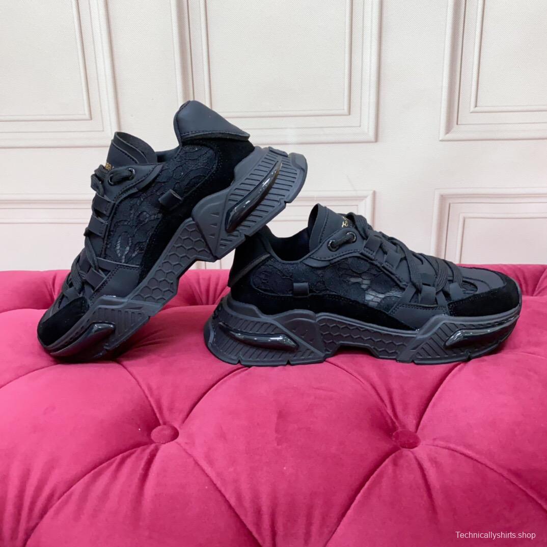 2025 Unisex Dolce & Gabbana Black Mesh Leather Sneakers LY00340