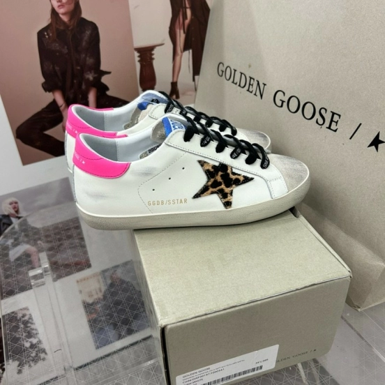 2025 Women GGDB White Pink Leopard Print Leather Sneakers MJ00260