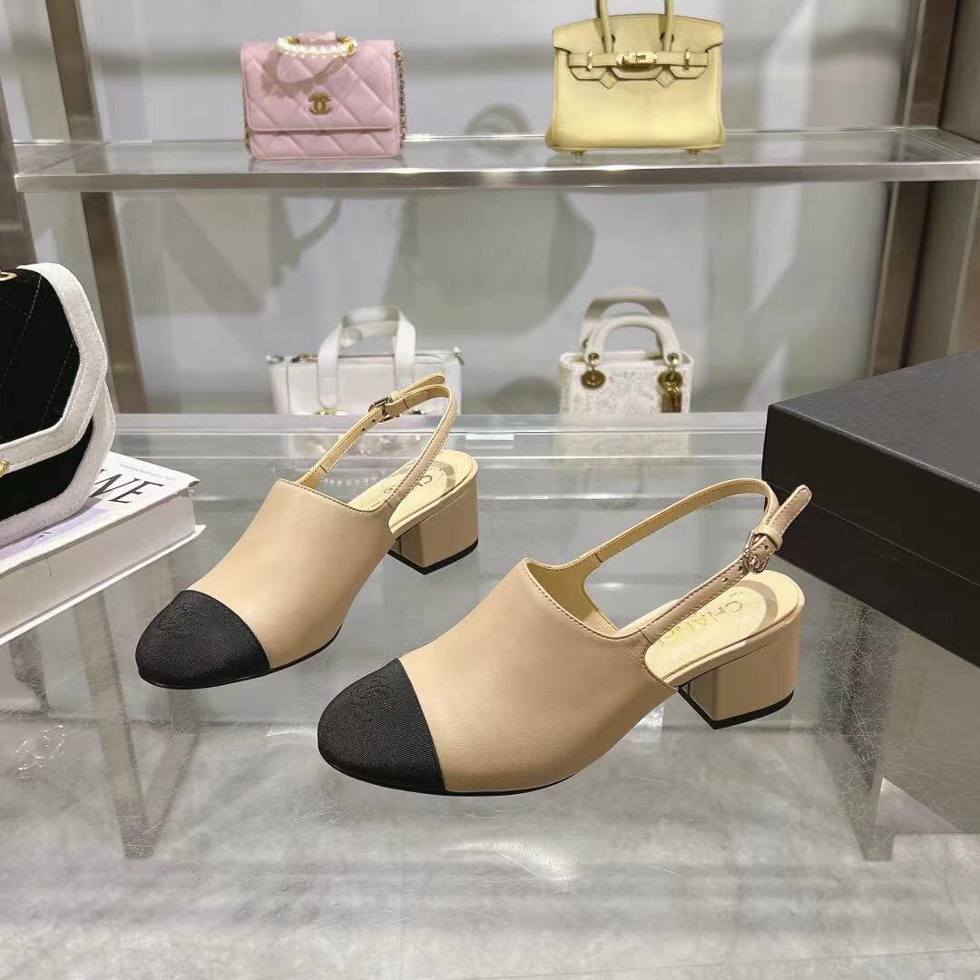 2025 Women Chanel Beige Black Leather Slingback Block Heel LY00300
