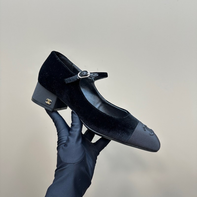 2025 Women Chanel Black Velvet Leather Mary Jane