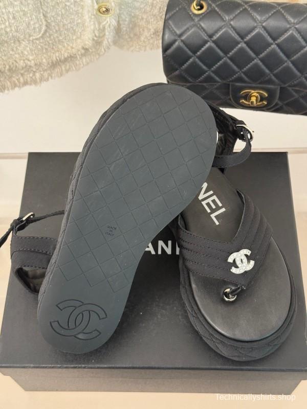 2025 Women Chanel Black Fabric Platform Sandals