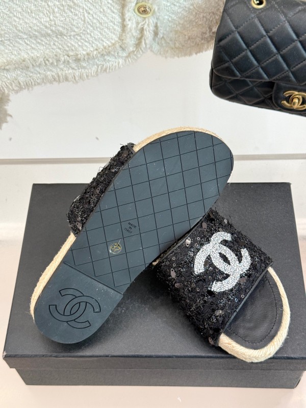 2025 Women Chanel Black Sequin Espadrille Slides Classic Double C Logo Handmade Braided Sole KFY00240(F)